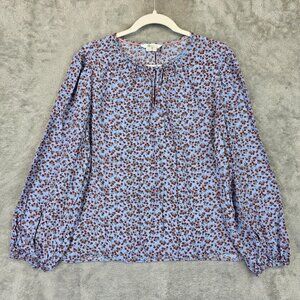 Boden Blouse Womens US 12 Blue Red Floral Long Sleeve Peasant Top Lightweight